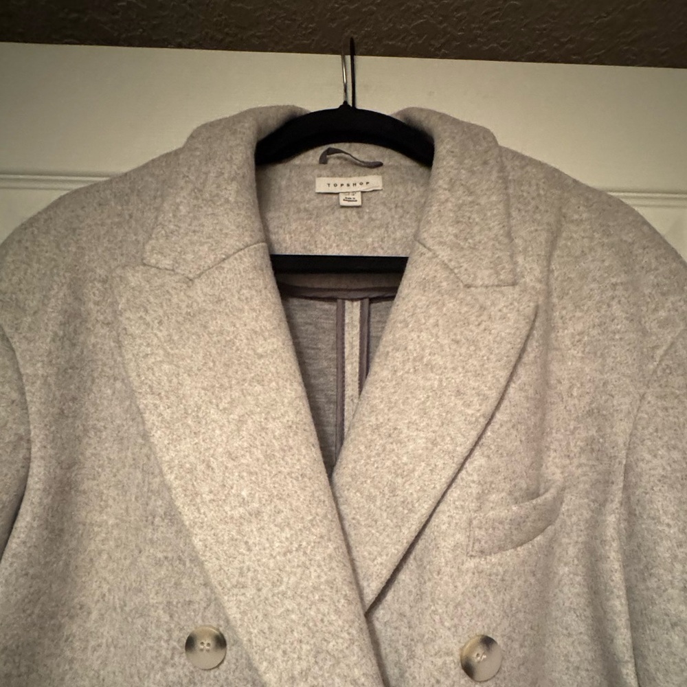 Topshop Double-Breasted Light Gray Wool Trench Coat - Picture 3 of 12